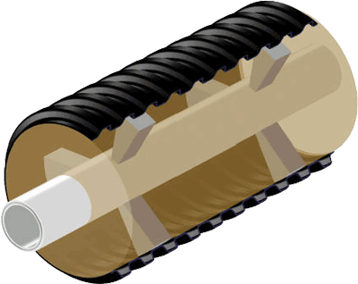 Rohr, Flachsdämmung, Rohre, Heizungsrohr, Wasserleitung, Haustechnik, Rohrleitungsbau, Kaltwasserleitung, Warmwasserleitung, vorgedämmtes polymeres Medium-Mantelrohrsystem, Mantelrohr