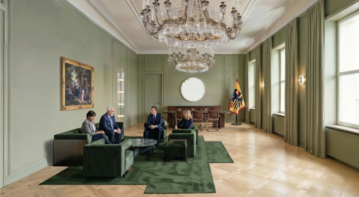 Das Amtszimmer des Bundespräsidenten im Entwurf des 1. Preisträgers Büro Henn: Die Jury hob in ihrer Beurteilung unter anderem die gut begründete und in den jeweiligen Räumen tragende Farbauswahl hervor. Quelle: Henn GmbH, Berlin