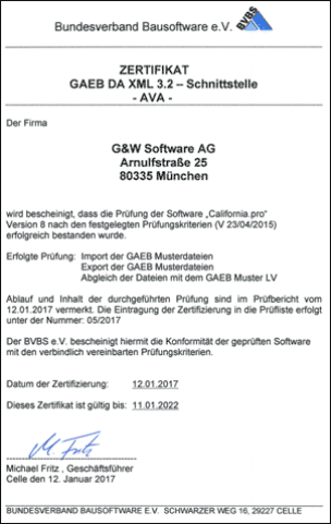 GAEB DA XML 3.2 Zertifizierungsurkunde