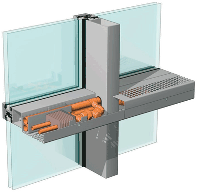 Fassadenheizung, unsichtbarer Wärmevorhang, Fassaden, Fensterfronten, Glasfassaden, Heiztechnik, Fassadenheizsystem, Heizsystem, Gebäude, Pfosten-Riegel-Konstruktionen