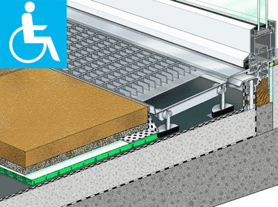 Drainage, Roste, barrierefreie Übergänge, Drainrostsystem, Terrassen, Balkone, Drainroste, barrierefreies Bauen, schwellenfreie Übergänge, Flächendrainage