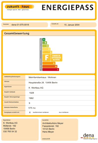 Gebäude-Energiepass, Energiepass, Altbaut, Energieeinsparung, Energiebedarf, Energiepaß, Bundesinitiative "jetzt!", Zertifikat, Einsparpotenzial, Raumheizung, Warmwasser, Deutsche Energie-Agentur, dena, Modernisierung, Energieklasse