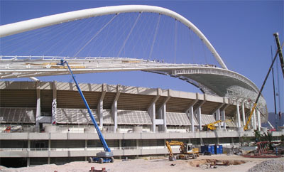 Bautechnik, Olympiadach, Athen, Dachkonstruktion, Olympiastadion, Santiago Calatrava, Stadiondach, Drahtseile, Dachkonstruktion, Spannvorrichtungen, Hydraulikzylinder, Hydrauliklösung, Langhub-Zugzylinder