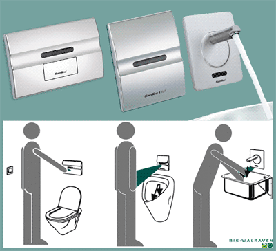 berührungslose Armaturen, Sanitärräume, Urinal-Steuerung, Einzelurinalsteuerung, INFRAROT, WC-Steuerung, Spülkasten, Waschtisch-Wandauslaufsteuerung