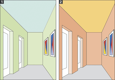 Farbgestaltung mit gesättigten Wandfarben und Deckenfarben