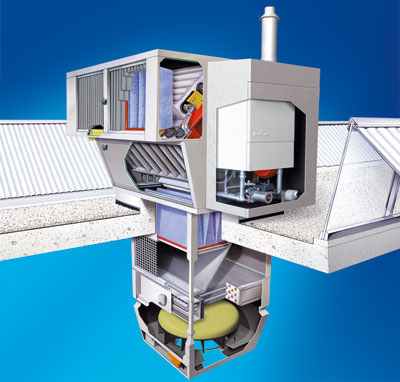 Haustechnik, Hallenheizung, Dachlüftungsgerät, Gas-Brennwertkessel, Lüften, Heizen, Kühlen, dezentrales Lüftungsgerät