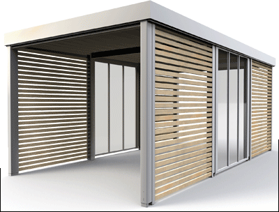 Garagen, Carpots, Fertiggarage, Fertiggaragen, Garage, Carpot, f/p Design, freitragende Rahmenkonstruktion, Douglasie, Stahlwellen, Stahlkonstruktion, Acrylglas