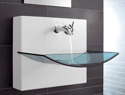 Waschplatz, Design-Waschtisch aus Sicherheitsglas, Waschtisch aus Glas, Design-Waschbecken, Glasbecken, Keramik, Glas, Villeroy & Boch, Waschtische, Design-Waschtische, Wandauslaufarmatur, Armaturen, Sicherheitsglasbecken