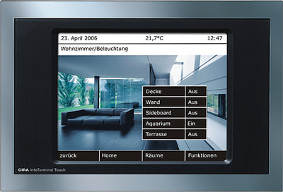 Gira, Gebäudetechnik, Gebäudemanagement, KNX / EIB, Gebäudeautomation, Schaltzentrale, Licht schalten, InfoTerminal, dimmen, Jalousien steuern, Busfunktionen, Zeitschaltfunktion, Echtzeituhr, TFT-Touch-Display, Gira Online-Dienst, SmartTerminal, Gewerbebau, FacilityServer, Facility Management, Lichtszenen, Pro-face