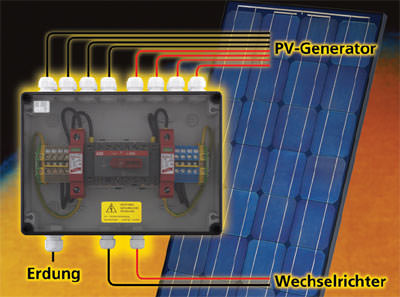 PV-Generator, PV-Wechselrichter, Installation einer Photovoltaik-Anlage, Generator-Freischalt-Gehäuse, Gehäuse, Elektroinstallationsbereich, Notabschaltung, Solarstrom, Installationszubehör, Photovoltaik-Anlagen, Solarzellen, Wechselrichter