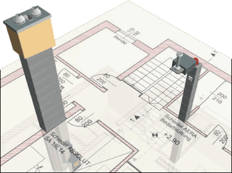 Abgasanlage, Abgasanlagen, Schornstein, Schornsteine, Lüftung, Lüftungsanlage, Schiedel, CAD-Programme, parametrisiert, CAD-Symbole, CAD-Formate, parametrisierte CAD-Objekte, ArchiCAD, AutoCAD, GDL Produktdatenbank, Ausschreibung, Bauelemente, DWG, DXF, DGN, 3DS, Bauelement, Graphisoft