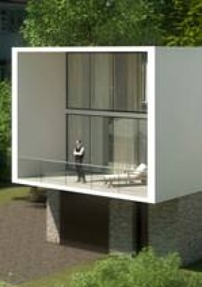 Kubisches Einfamilienhaus mit selbst- und luftreinigender EcoClean-Aluminium-Fassade