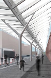 Schwebende Lichtflügel in Leichtbauweise vor'm Bahnhof in Hamburg-Barmbek