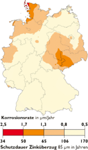 Zinkkorrosionskarte des Umweltbundesamtes zur Bestimmung der rechnerischen Schutzdauer einer Feuerverzinkung