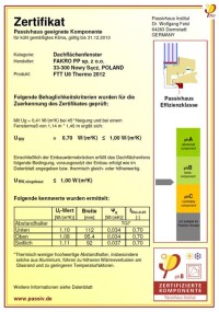 Fakros Dachflächenfenster „FTT U8 Thermo” ist eine „Passivhaus geeignete Komponente”