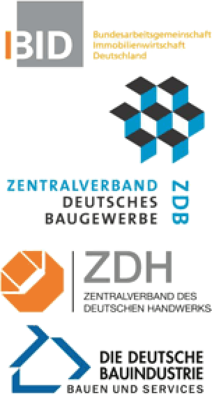 Logos von BID Bundesarbeitsgemeinschaft Immobilienwirtschaft Deutschland, Zentralverband des Deutschen Baugewerbes, Zentralverband des Deutschen Handwerks und Hauptverband der Deutschen Bauindustrie