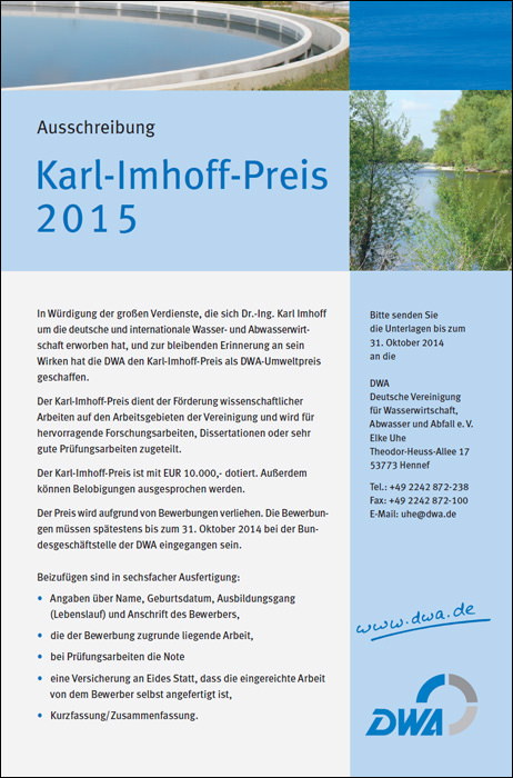 Karl-Imhoff-Preis als DWA-Umweltpreis ausgeschrieben