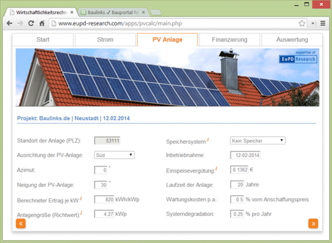 PV Speicherrechner (online) Wirtschaftlichkeit von PV Speichersystemen - Online Rentabilitätsrechner