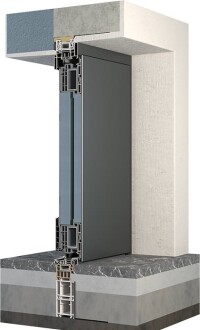 Thermisch getrennte Montagezarge von Finstral mit integrierter Bautür-Füllung