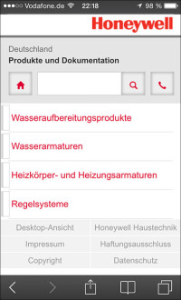 Honeywell Haustechnik-Produktkatalog als Webseite für Smartphones und Tablets
