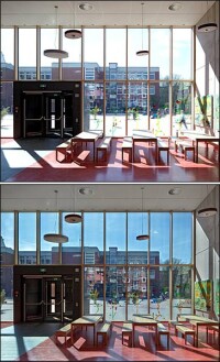 Dimmbares Glas - anstatt Raffstores - macht Schulmensa hitze- und ballwurfsicher