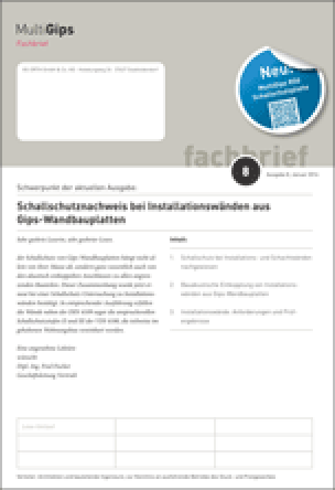 MultiGips Fachbrief Nr. 8 „Schallschutznachweis bei Installationswänden aus Gips-Wandbauplatten“ mit Erläuterungen zu Forschungsprojekt und -ergebnissen