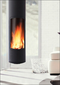 Slimfocus: Freihängende, raumluftunabhängige Holzfeuerstelle incl. Luft-Abgas-System