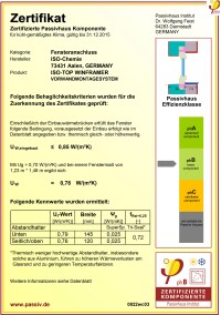 Passivhauszertifikat für  Vorwandmontagesystem ISO-TOP  Winframer