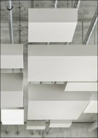 Kubische, raumakustisch wirkende Deckengestaltung à la OWA und Hadi Teherani