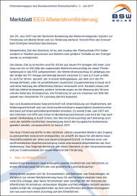 Merkblatt zur neuen Mieterstrom-Förderung vom BSW-Solar