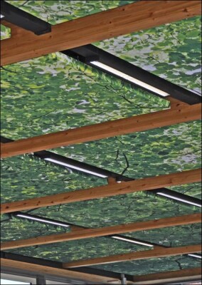 Blätterdach unter der Hallendecke oder doch „nur“ eine Heiz-Kühl-Decke mit Foto-Stoffdruck?