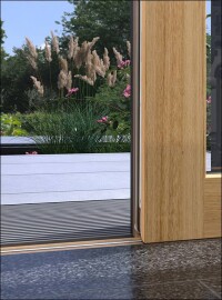 Null-Barriere-Schwelle für Hebe-Schiebe-Elemente aus Holz-Aluminium greift Rahmenmaterial auf