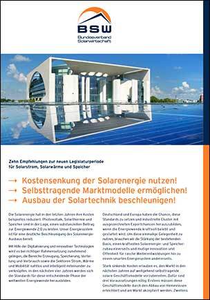 Zehn Empfehlungen zur neuen Legislaturperiode für Solarstrom, Solarwärme und Speicher