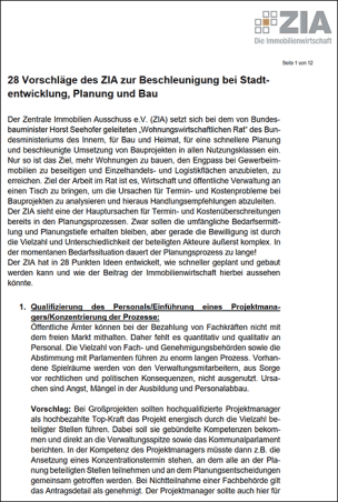 28 Vorschläge des ZIA zur Beschleunigung bei Stadtentwicklung, Planung und Bau