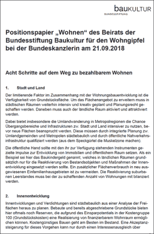 Positionspapier ,Wohnen‘ des Beirats der Bundesstiftung Baukultur für den Wohngipfel bei der Bundeskanzlerin am 21.09.2018