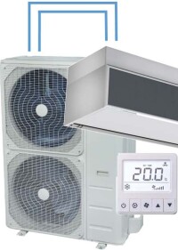 Luftschleier und Split- oder VRF-Außeneinheit aus einer Systemair-Hand