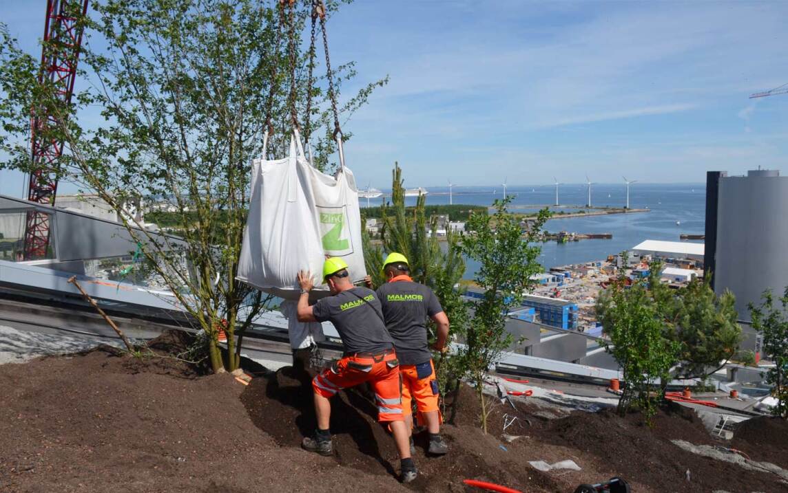 Die ZinCo-Systemerde wurde hier per Kran auf das Dach befördert und aus den Big Bags verteilt. (Foto © Malmos A/S / ZinCo)