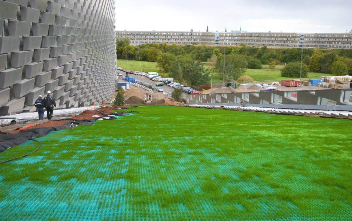 Das durchwachsende Gras lässt den fertigen Skihang naturnah erscheinen. (Foto © Malmos A/S / ZinCo)