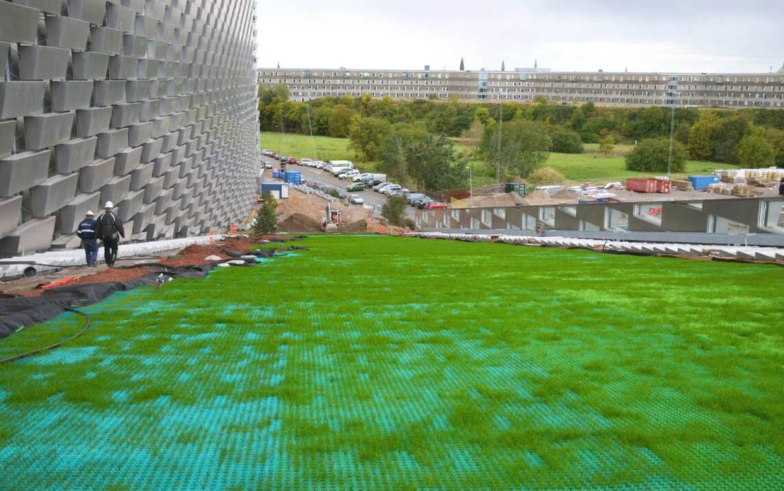 Das durchwachsende Gras lässt den fertigen Skihang naturnah erscheinen.  (Foto © Malmos A/S / ZinCo)