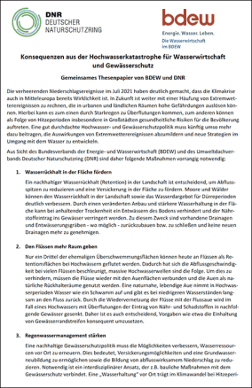 Papier von DNR und BDEW zu den gewässerpolitischen Konsequenzen der Hochwasserkatastrophe