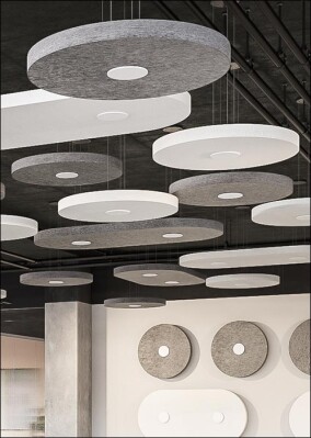 Raumakustisch wirkende Disc'n Dots von Rossoacoustic für Wand und Decke