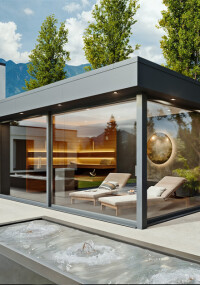 Saunahaus mit Panoramaverglasung über Eck